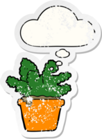 cartoon house plant with thought bubble as a distressed worn sticker png