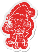 quirky cartoon distressed sticker of a smiling elephant wearing scarf wearing santa hat png