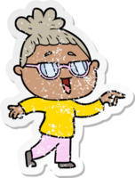 distressed sticker of a cartoon happy woman wearing spectacles png