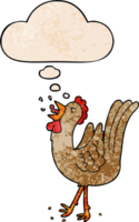 cartoon crowing cockerel with thought bubble in grunge texture style png