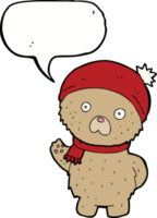 cartoon teddy bear in winter hat and scarf with speech bubble png