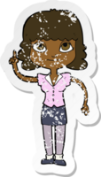 retro distressed sticker of a cartoon woman with idea png