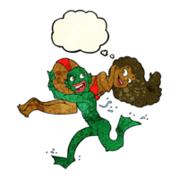 cartoon swamp monster carrying girl in bikini with thought bubble png