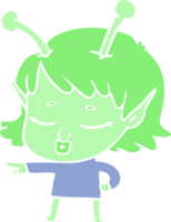 desenho animado de estilo de cor plana linda garota alienígena apontando png