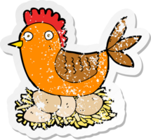 retro distressed sticker of a cartoon hen on eggs png