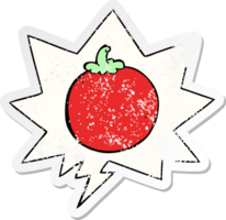 tekenfilm tomaat met toespraak bubbel verontrust verontrust oud sticker png