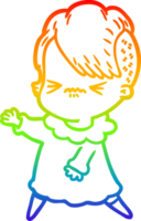 rainbow gradient line drawing of a cartoon annoyed hipster girl png
