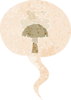 cartoon mushroom with spore cloud with speech bubble in grunge distressed retro textured style png