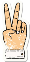 grunge sticker van een vrede symbool twee vinger hand- gebaar png