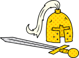 Hand gezeichnet Karikatur Gekritzel von ein mittelalterlich Helm und Schwert png