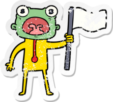 distressed sticker of a cartoon weird alien with flag png