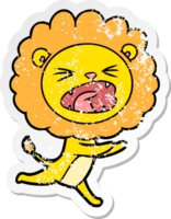 autocollant en détresse d'un lion courant de dessin animé png