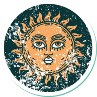 ikonisches beunruhigtes Aufkleber-Tattoo-Stilbild einer Sonne mit Gesicht png