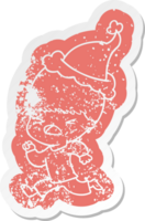 quirky cartoon distressed sticker of a stressed man wearing santa hat png