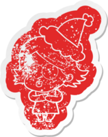 quirky cartoon distressed sticker of a girl pouting wearing santa hat png