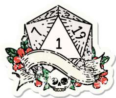 grunge sticker of a natural one d20 dice roll png