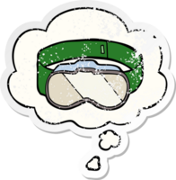 cartoon goggles with thought bubble as a distressed worn sticker png