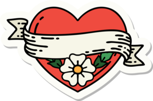 pegatina de tatuaje al estilo tradicional de un corazón y pancarta con flores png