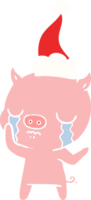 mão desenhado plano cor ilustração do uma porco chorando vestindo santa chapéu png