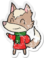 distressed sticker of a friendly cartoon wolf in winter clothes png