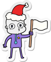 hand drawn sticker cartoon of a weird bald spaceman with flag wearing santa hat png