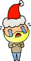 hand drawn textured cartoon of a bearded man crying wearing santa hat png