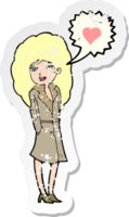 retro distressed sticker of a cartoon trenchcoat wearing woman in love png