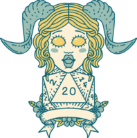 Retro Tattoo Style tiefling with natural 20 D20 roll png