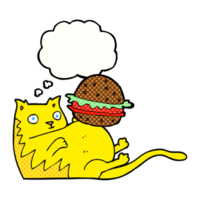 hand drawn thought bubble cartoon fat cat with burger png