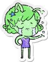 distressed sticker of a cartoon crying alien girl png