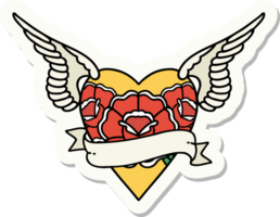 adesivo de tatuagem em estilo tradicional de coração com asas flores e banner png