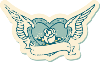 iconic distressed sticker tattoo style image of a flying heart with flowers and banner png