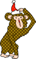 main tiré bande dessinée livre style illustration de une chimpanzé scratch tête portant Père Noël chapeau png