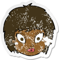 retro distressed sticker of a cartoon surprised female face png