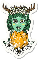 grunge sticker of a half orc druid with natural twenty dice roll png