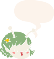 cartoon alien space girl face with speech bubble in retro style png