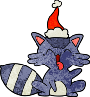 mignonne main tiré texturé dessin animé de une raton laveur portant Père Noël chapeau png