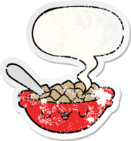 cute cartoon bowl of cereal with speech bubble distressed distressed old sticker png