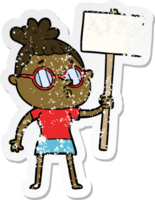 distressed sticker of a cartoon woman wearing glasses png