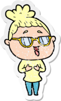 distressed sticker of a cartoon happy woman wearing spectacles png