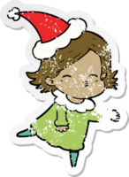 Hand gezeichnet betrübt Aufkleber Karikatur von ein Frau tragen Santa Hut png