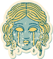 iconic distressed sticker tattoo style image of female face crying png