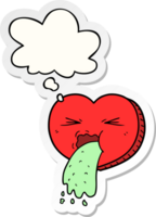 dibujos animados amor enfermo corazón con pensamiento burbuja como un impreso pegatina png