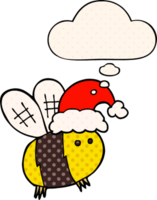 cute cartoon bee wearing christmas hat with thought bubble in comic book style png