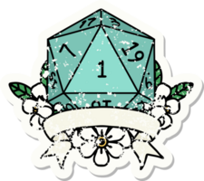 grunge sticker of a natural one d20 dice roll png