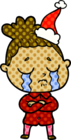 hand drawn comic book style illustration of a crying woman wearing santa hat png