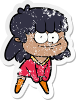 distressed sticker of a cartoon smiling woman png