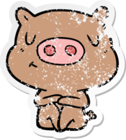 distressed sticker of a cartoon content pig meditating png