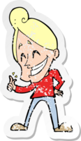 retro distressed sticker of a cartoon man snapping fingers png