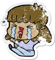 distressed sticker of a cartoon woman in tears png